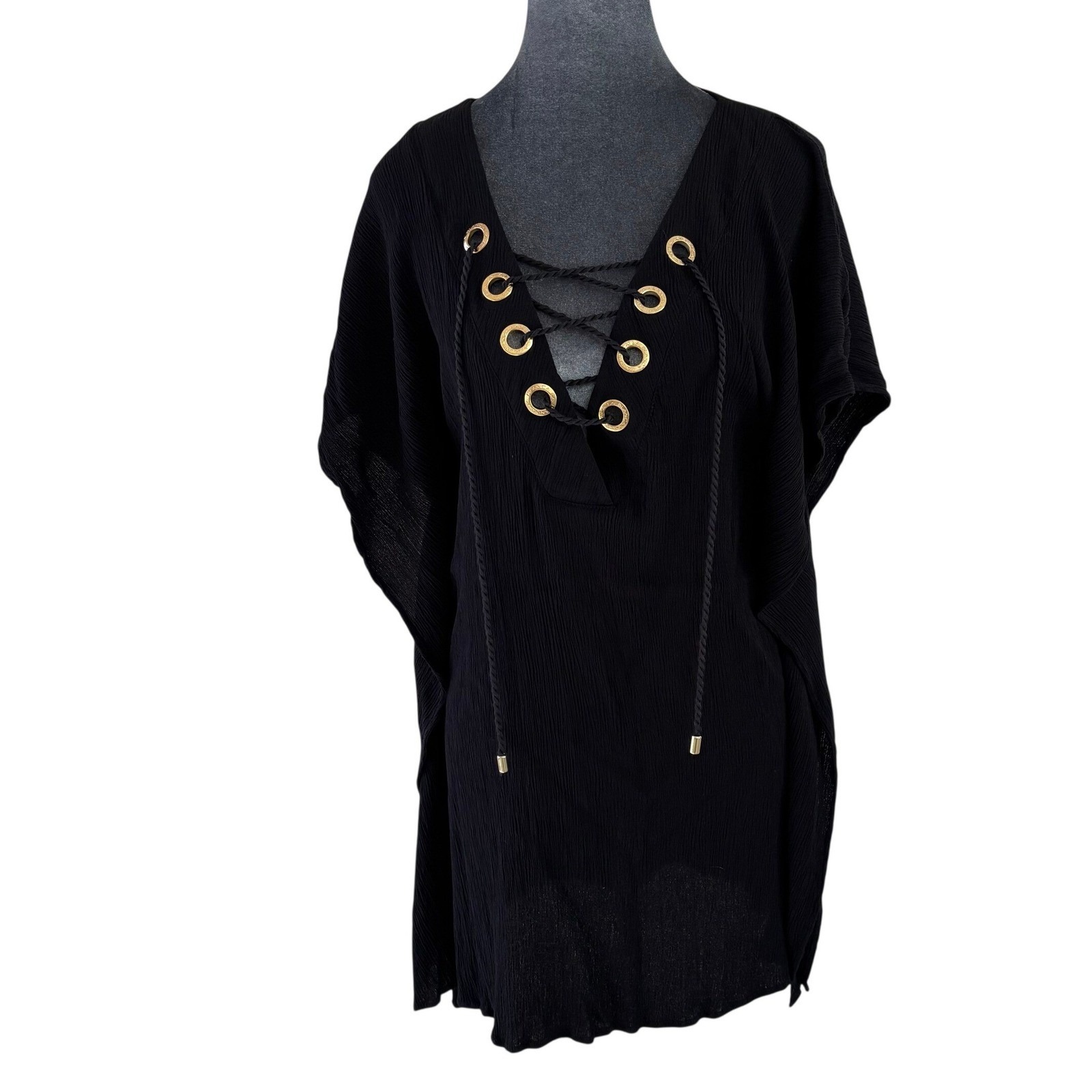 La Blanca Beach Pool Glam Resort Black Grommet Lace Tunic Swimsuit Cover Up Xs